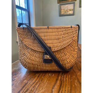 Mark & Graham Large Wicker Satchel With Navy Faux Leather Strap & Interior Pocke